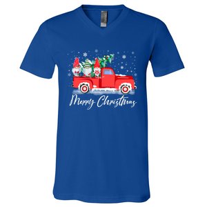 Three Gnomes In Red Truck With Merry Christmas Tree V-Neck T-Shirt