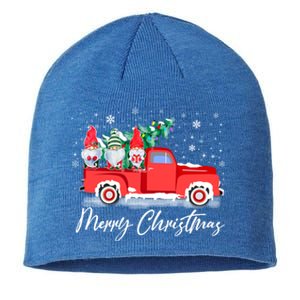 Three Gnomes In Red Truck With Merry Christmas Tree Sustainable Beanie