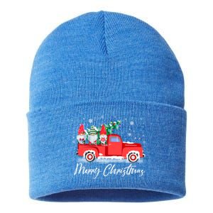 Three Gnomes In Red Truck With Merry Christmas Tree Sustainable Knit Beanie