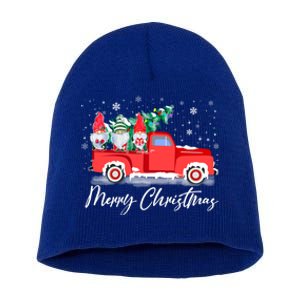 Three Gnomes In Red Truck With Merry Christmas Tree Short Acrylic Beanie