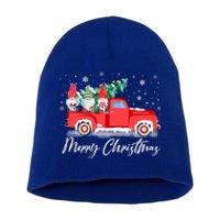 Three Gnomes In Red Truck With Merry Christmas Tree Short Acrylic Beanie