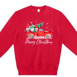 Three Gnomes In Red Truck With Merry Christmas Tree Premium Crewneck Sweatshirt