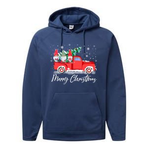 Three Gnomes In Red Truck With Merry Christmas Tree Performance Fleece Hoodie