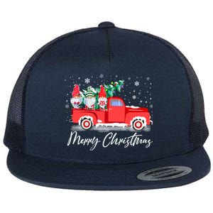 Three Gnomes In Red Truck With Merry Christmas Tree Flat Bill Trucker Hat