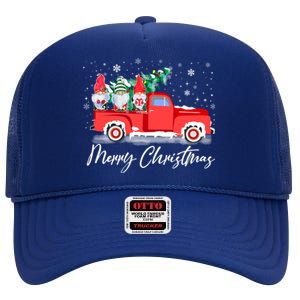 Three Gnomes In Red Truck With Merry Christmas Tree High Crown Mesh Back Trucker Hat