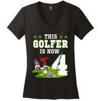 This Golfer Is Now 4 Year Old Birthday 4rd Golf Party Women's V-Neck T-Shirt