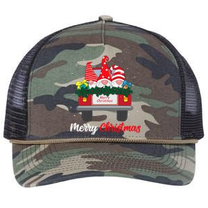 Three Gnomes In Red Truck With Merry Christmas Tree Family Retro Rope Trucker Hat Cap