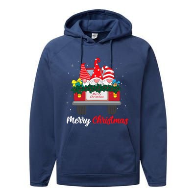 Three Gnomes In Red Truck With Merry Christmas Tree Family Performance Fleece Hoodie