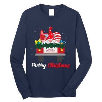 Three Gnomes In Red Truck With Merry Christmas Tree Family Long Sleeve Shirt