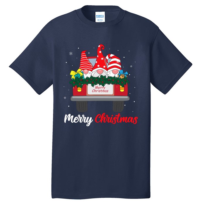 Three Gnomes In Red Truck With Merry Christmas Tree Family Tall T-Shirt