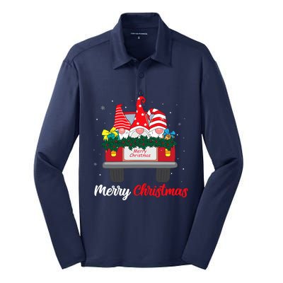 Three Gnomes In Red Truck With Merry Christmas Tree Family Silk Touch Performance Long Sleeve Polo