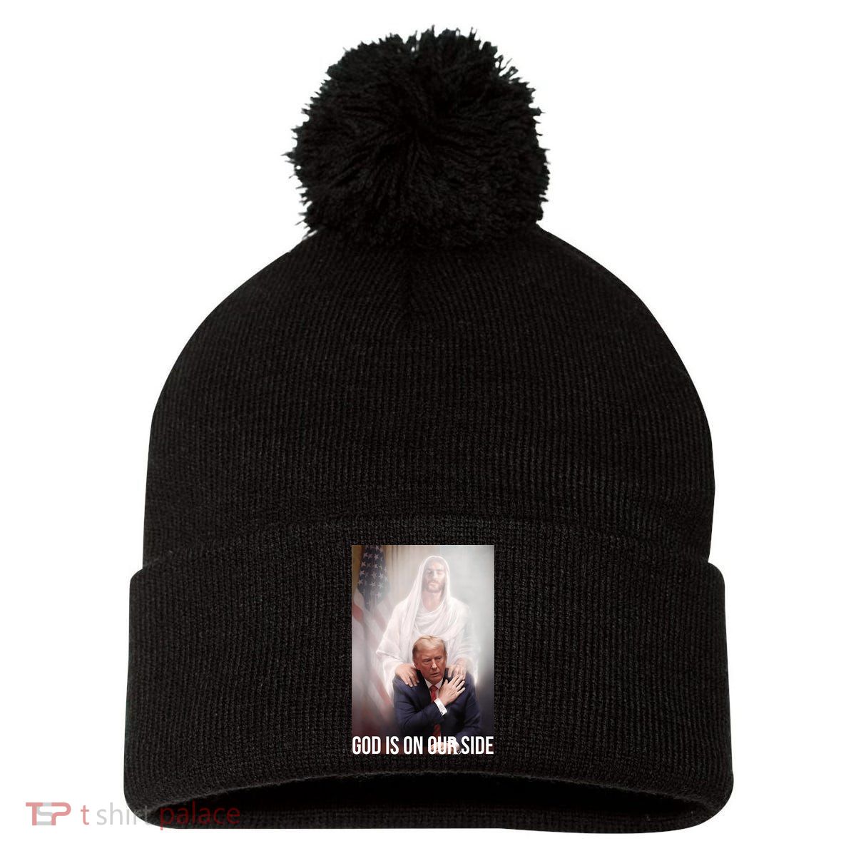 Trump God Is On Our Side Jesus Pom Pom 12in Knit Beanie