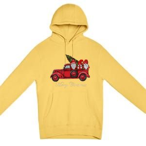 Three Gnomes In Red Truck With Merry Christmas Tree Premium Pullover Hoodie