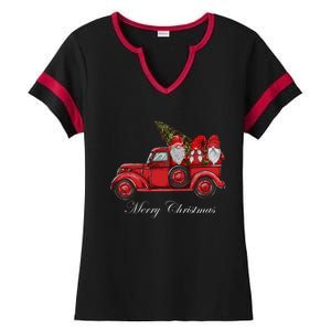 Three Gnomes In Red Truck With Merry Christmas Tree Ladies Halftime Notch Neck Tee