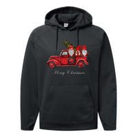 Three Gnomes In Red Truck With Merry Christmas Tree Performance Fleece Hoodie