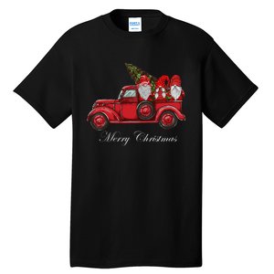 Three Gnomes In Red Truck With Merry Christmas Tree Tall T-Shirt