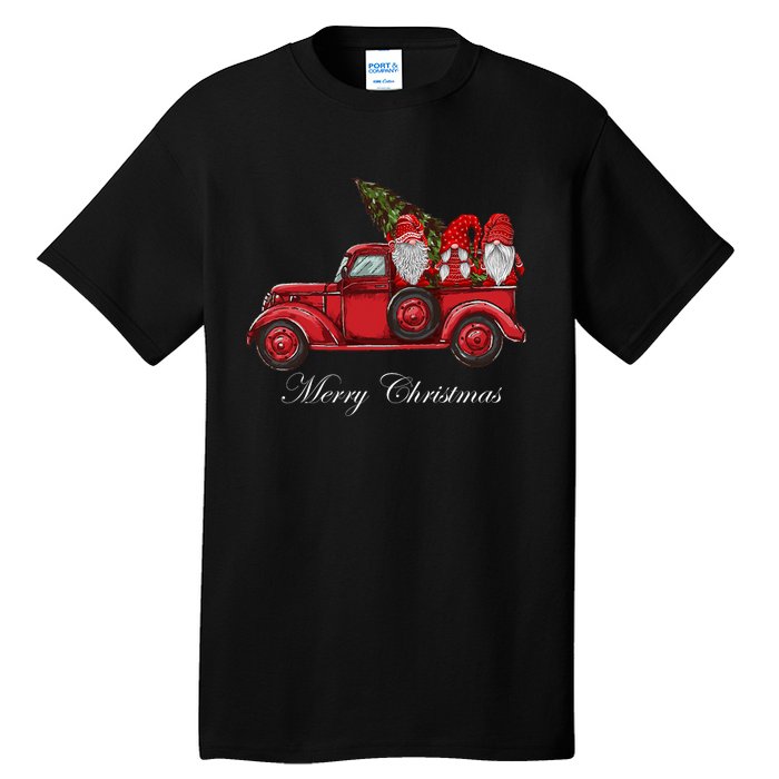 Three Gnomes In Red Truck With Merry Christmas Tree Tall T-Shirt