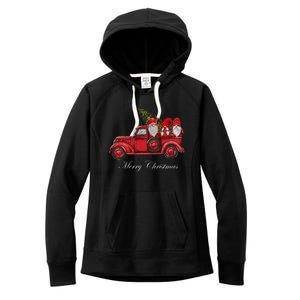 Three Gnomes In Red Truck With Merry Christmas Tree Women's Fleece Hoodie