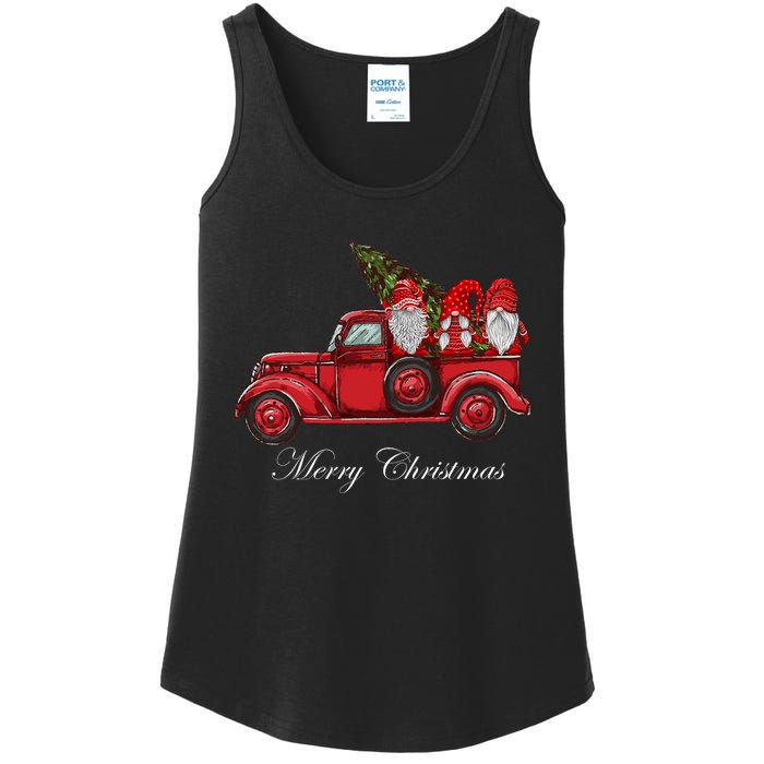 Three Gnomes In Red Truck With Merry Christmas Tree Ladies Essential Tank