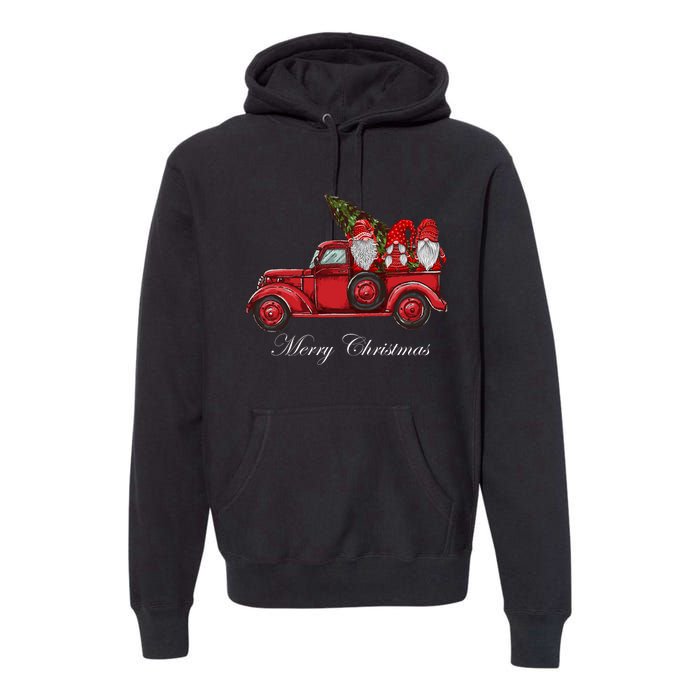 Three Gnomes In Red Truck With Merry Christmas Tree Premium Hoodie