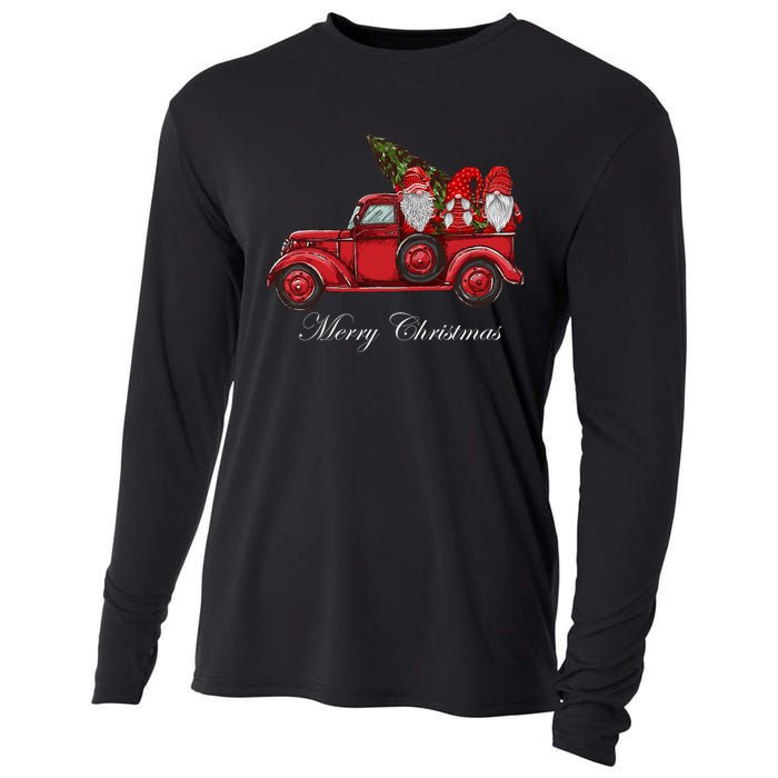 Three Gnomes In Red Truck With Merry Christmas Tree Cooling Performance Long Sleeve Crew