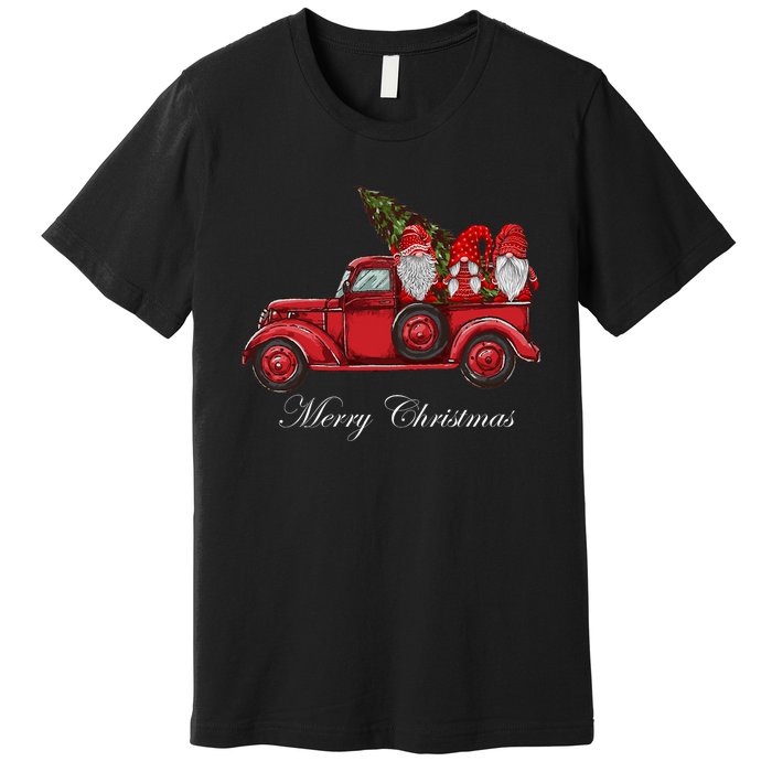 Three Gnomes In Red Truck With Merry Christmas Tree Premium T-Shirt