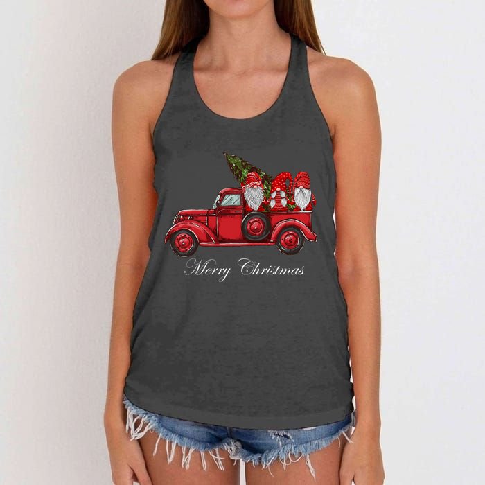 Three Gnomes In Red Truck With Merry Christmas Tree Women's Knotted Racerback Tank