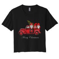 Three Gnomes In Red Truck With Merry Christmas Tree Women's Crop Top Tee