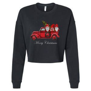 Three Gnomes In Red Truck With Merry Christmas Tree Cropped Pullover Crew