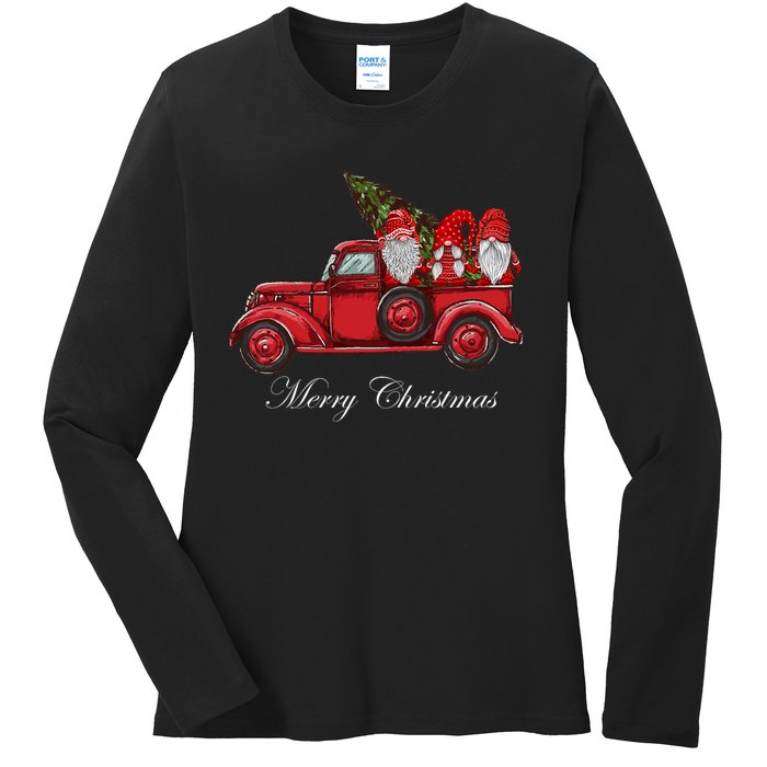 Three Gnomes In Red Truck With Merry Christmas Tree Ladies Long Sleeve Shirt