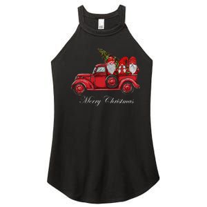 Three Gnomes In Red Truck With Merry Christmas Tree Women's Perfect Tri Rocker Tank