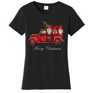 Three Gnomes In Red Truck With Merry Christmas Tree Women's T-Shirt