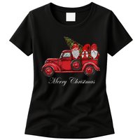 Three Gnomes In Red Truck With Merry Christmas Tree Women's T-Shirt