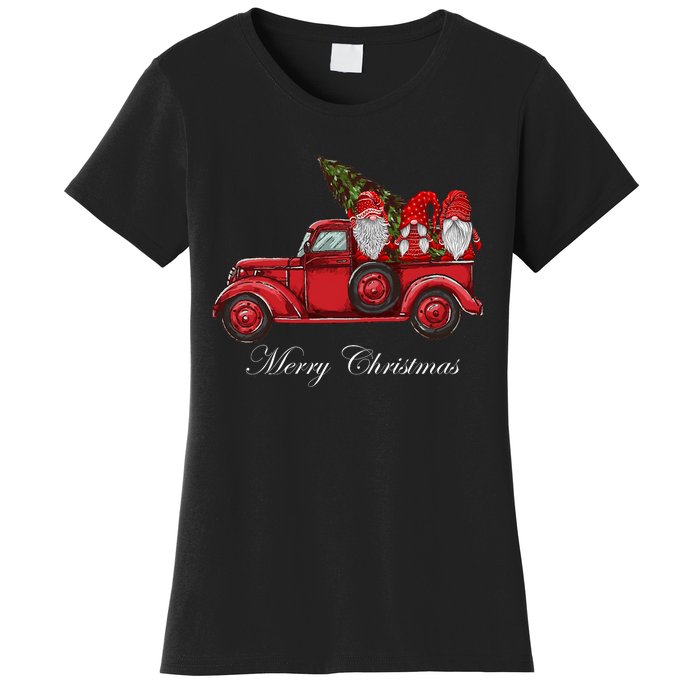 Three Gnomes In Red Truck With Merry Christmas Tree Women's T-Shirt