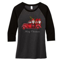 Three Gnomes In Red Truck With Merry Christmas Tree Women's Tri-Blend 3/4-Sleeve Raglan Shirt