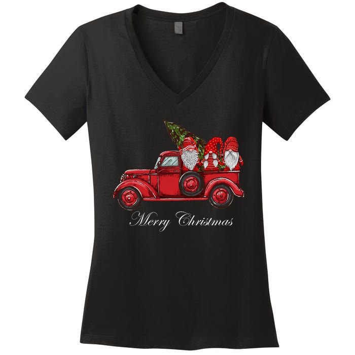 Three Gnomes In Red Truck With Merry Christmas Tree Women's V-Neck T-Shirt