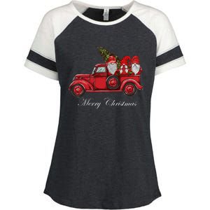 Three Gnomes In Red Truck With Merry Christmas Tree Enza Ladies Jersey Colorblock Tee