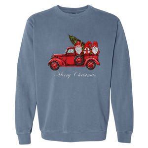 Three Gnomes In Red Truck With Merry Christmas Tree Garment-Dyed Sweatshirt