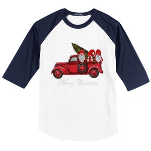 Three Gnomes In Red Truck With Merry Christmas Tree Baseball Sleeve Shirt