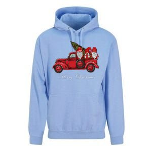 Three Gnomes In Red Truck With Merry Christmas Tree Unisex Surf Hoodie