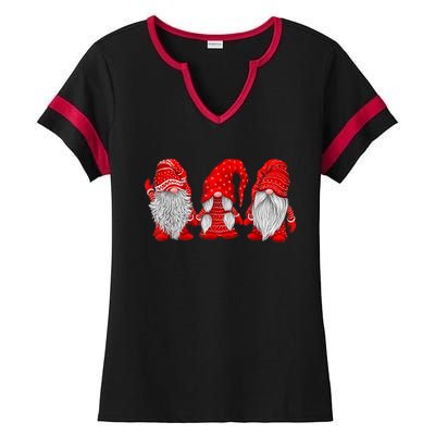 Three Gnomes In Red Costume Christmas Hanging With Gnomes TShirt Ladies Halftime Notch Neck Tee