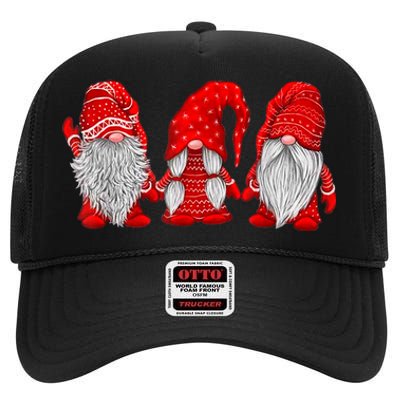 Three Gnomes In Red Costume Christmas Hanging With Gnomes TShirt High Crown Mesh Back Trucker Hat