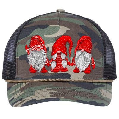 Three Gnomes In Red Costume Christmas Hanging With Gnomes TShirt Retro Rope Trucker Hat Cap