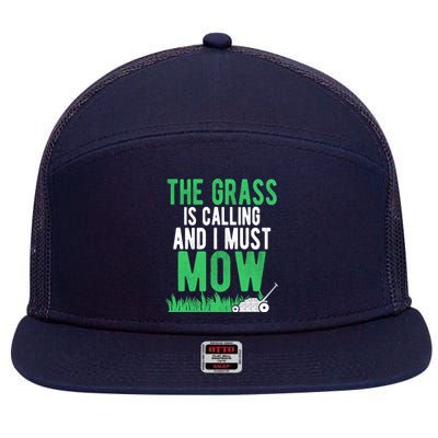 The Grass Is Calling And I Must Mow | Funny Lawn Landscaping 7 Panel Mesh Trucker Snapback Hat