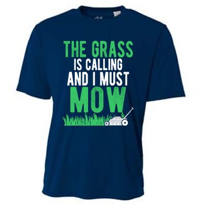 The Grass Is Calling And I Must Mow | Funny Lawn Landscaping Cooling Performance Crew T-Shirt