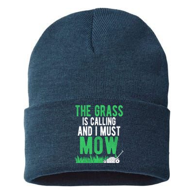 The Grass Is Calling And I Must Mow | Funny Lawn Landscaping Sustainable Knit Beanie