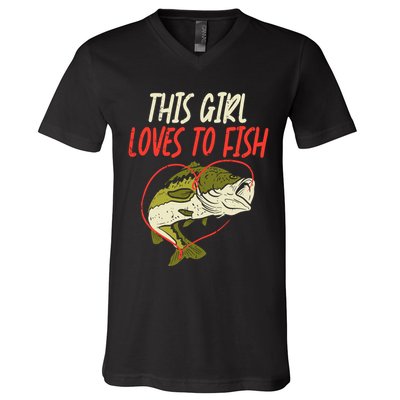 This Girl Loves To Fish Bass Fishing Family Matching Gift V-Neck T-Shirt