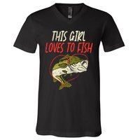 This Girl Loves To Fish Bass Fishing Family Matching Gift V-Neck T-Shirt