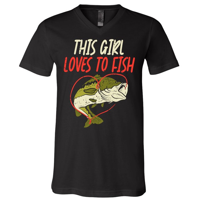 This Girl Loves To Fish Bass Fishing Family Matching Gift V-Neck T-Shirt