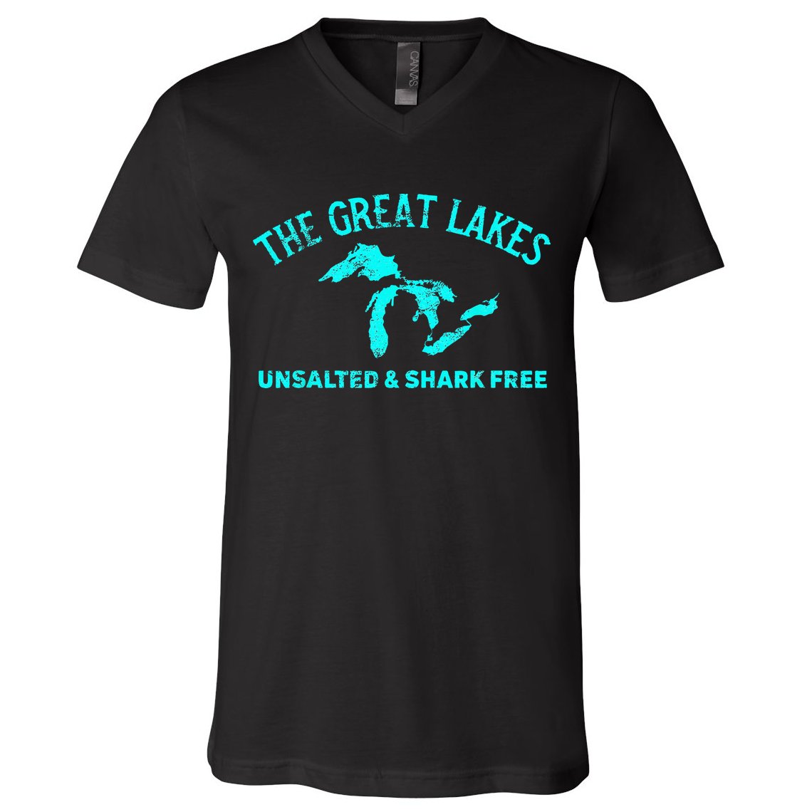 The Great Lakes Unsalted & Shark Free Michigan Gift Vintage V-Neck T-Shirt